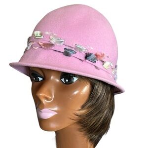 Lorenzo of Italy 100% Wool Pink Cloche Hat with Satin Fringe Accents Vintage